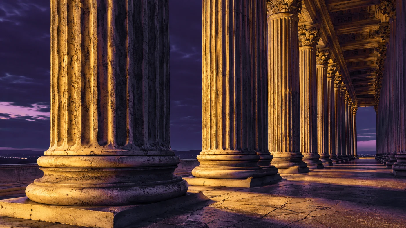 A classical stone colonnade at dusk